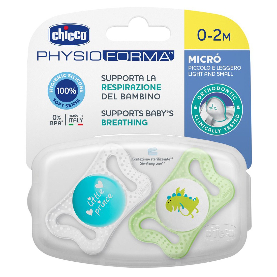 Chicco Chupete micro silicona azul 0-2 meses 2 uds